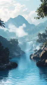 Tropical mountain waterfall with misty blue river corridor.