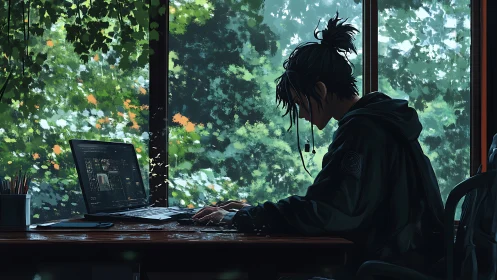 Person at laptop by window overlooking dense green foliage.