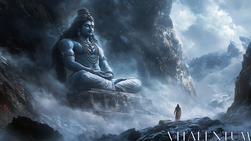 Mystic mountain god and lone pilgrim in swirling snowstorm.