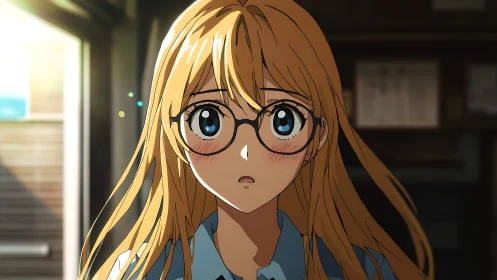 Blonde anime girl with glasses in interior light setting.