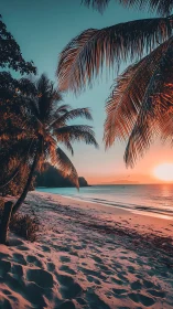 Tropical littoral sunset with chromatic palm canopy geometry.