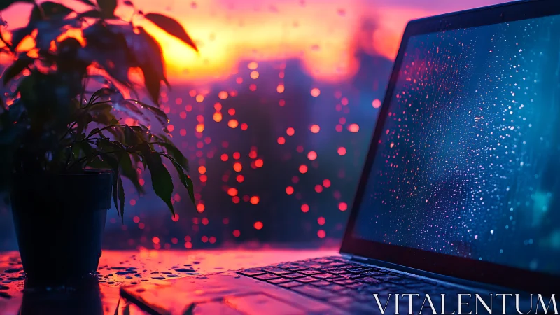 Laptop and potted plant by rainy window at neon sunset.