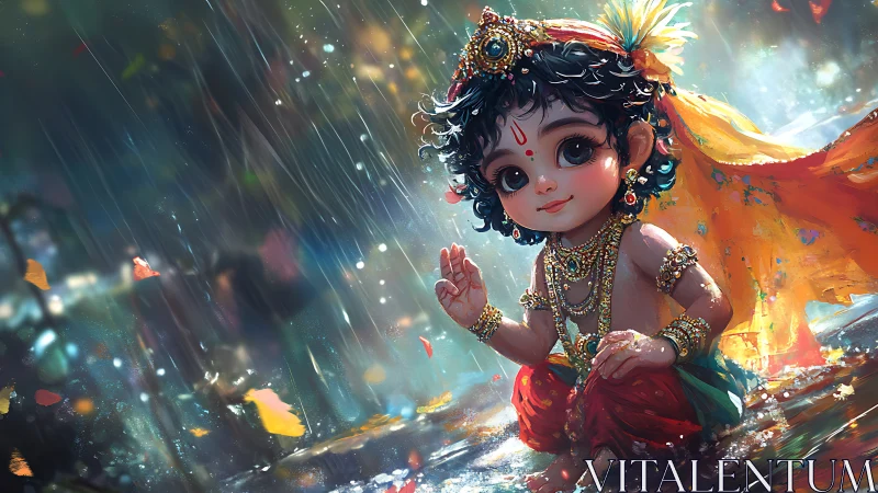 Child deity kneels in rain with ornate jewelry and bright cloth