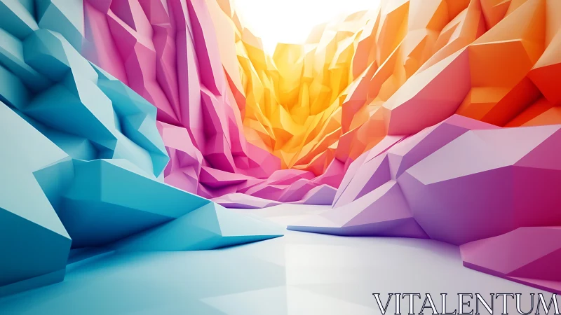 Low-poly gradient canyon with faceted surfaces and volumetric light