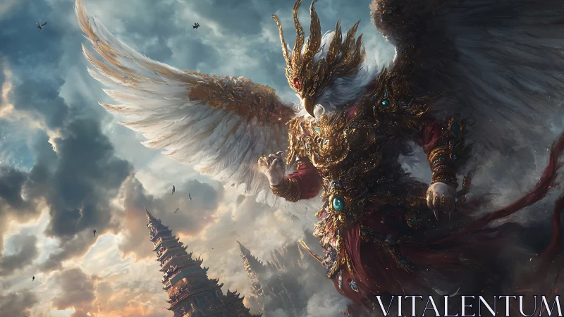 Skyborne jewel-clad avian deity guarding stormlit spires.