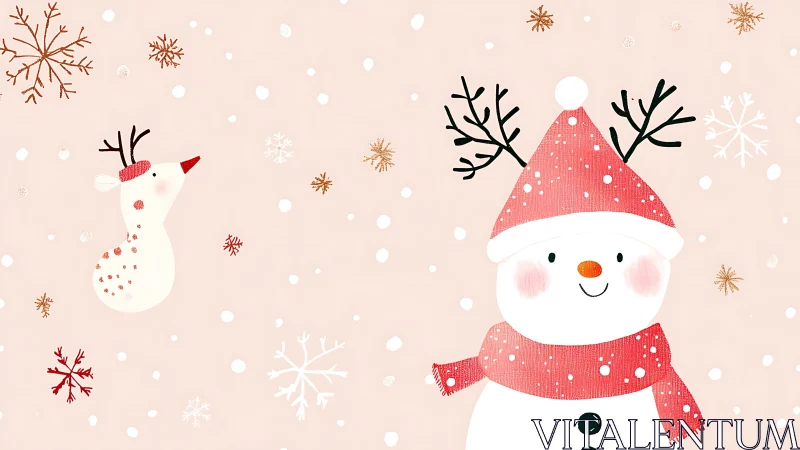 Snowman and stylized reindeer are arranged on pastel background