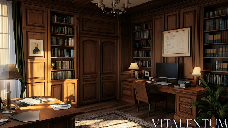 Digital painting of classic walnut library office interior.