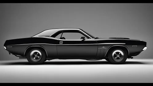 Side profile shows classic black muscle car in studio