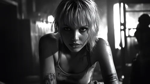 High-contrast monochrome portrait isolates intense forward gaze