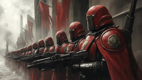 Armored red soldiers in formation on foggy fortress street.