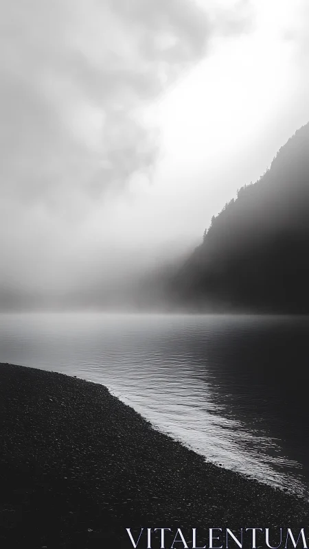 Monochrome lakeshore minimalism with mist-veiled mountains.