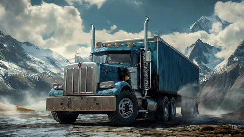 Mountain road legend, a teal semi truck in frosty sunlight.