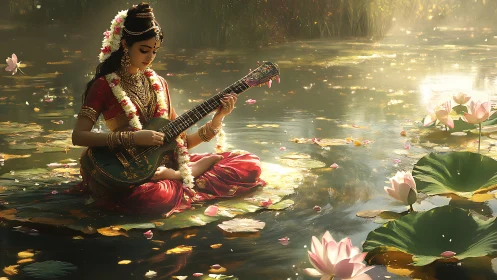 Seated musician on lotus pond surface with floral adornment.