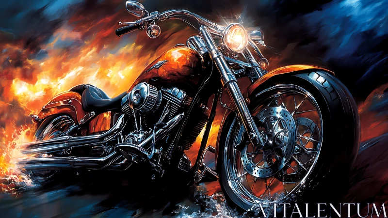Chrome cruiser motorcycle amid stylized fire and smoke.