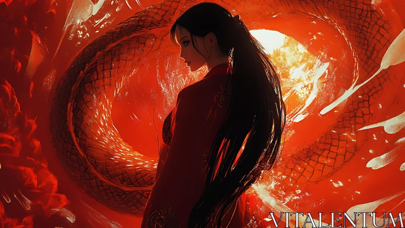 Silk‑robed dragon whisperer framed in a storm of scarlet light.