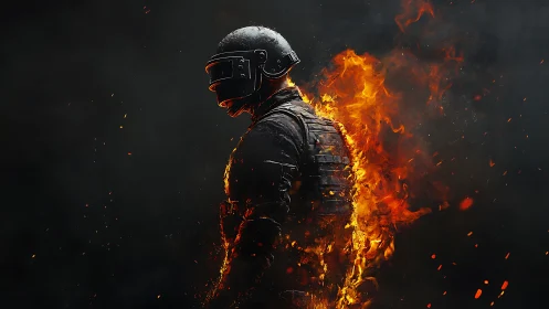 Armored tactical soldier ignites in roaring orange flames