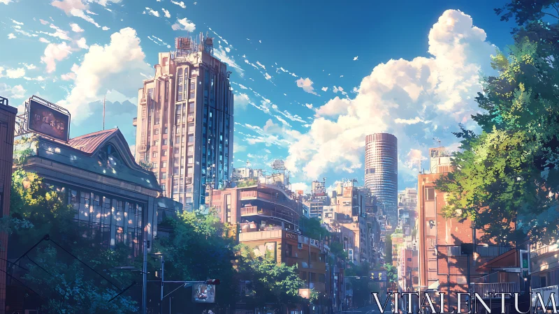 Sunlit urban canyon with midrise towers and lush street trees