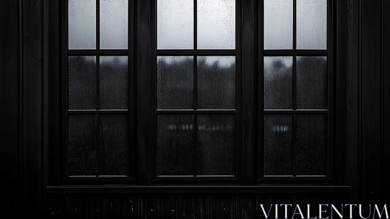Rain-streaked black windows cradle a quiet, reflective dusk.