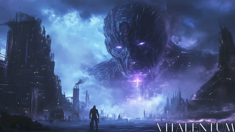 Colossal cybernetic entity emerging above storm-lit megacity.