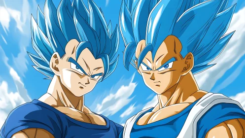 Dual cyan-haired warriors under high-contrast cel-shaded sky.