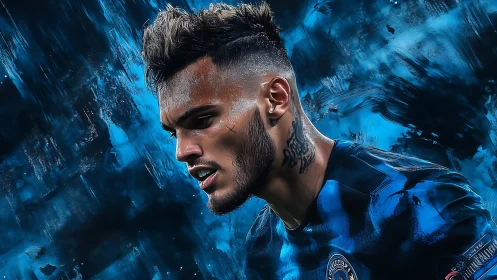 Focused footballer portrait against dynamic blue strokes