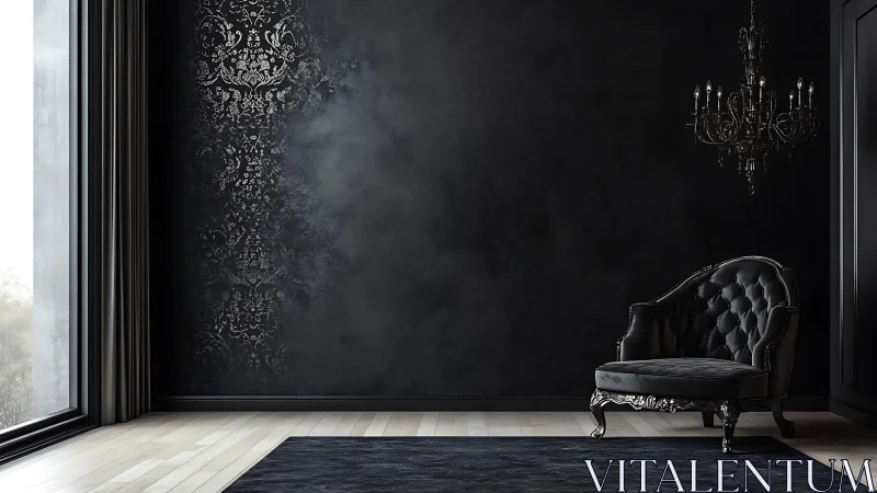 Dark velvet lounge corner glows with moody daylight elegance