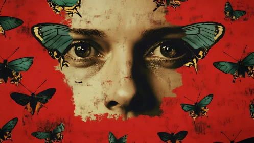 Surreal human gaze emerges amid teal butterflies on red.