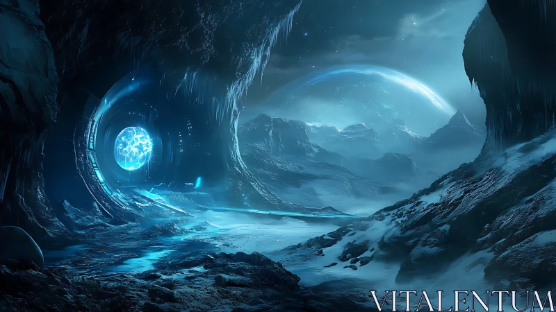 Icy cavern landscape with circular portal and distant planet.
