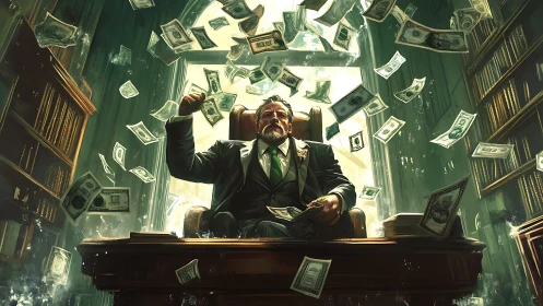 Lionhearted tycoon on his oak throne amid storming cashfall.