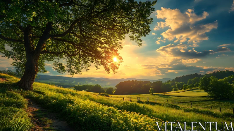 Golden hour radiometry across pastoral valley topography.
