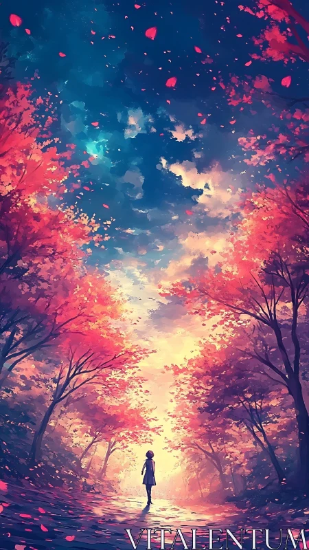 Crimson petals whirl as a lone dreamer walks into light