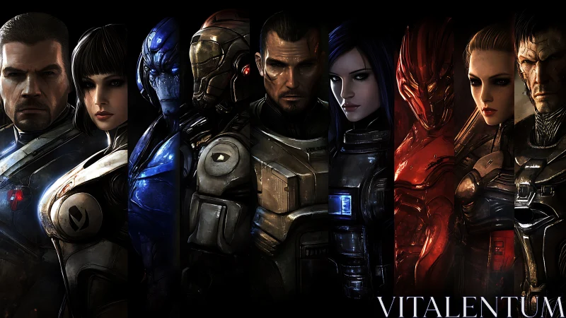 Armored sci fi squad lineup with humans and aliens in armor.