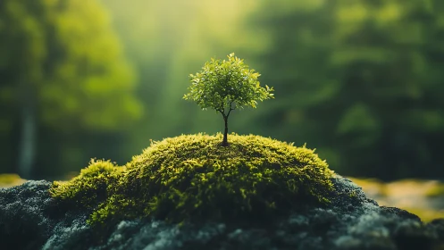 Small tree on mossy rock in soft sunlight, nature photography style.