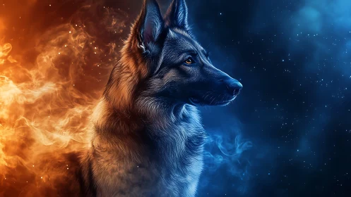 Wolf profile divides fiery orange nebula and cool blue space