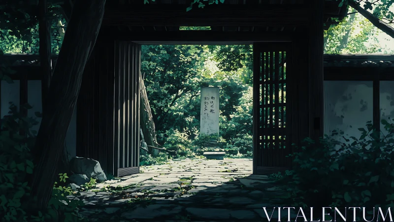 Sunlit wooden gate opening onto verdant Japanese garden.