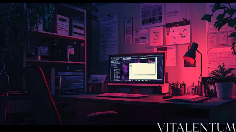Nocturnal workstation with dual-tone neon computational lighting.