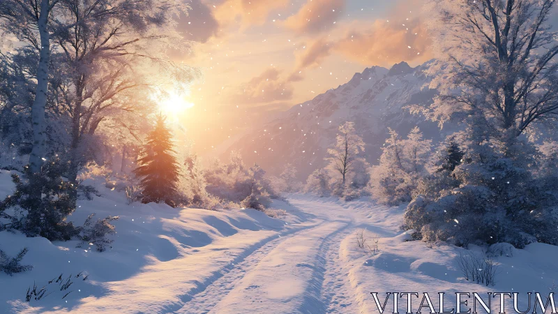 Golden winter sunrise welcomes a peaceful snowy forest path