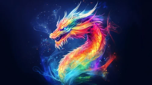 Vibrant neon dragon swirling through cosmic darkness.