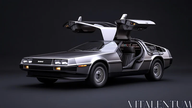 Stainless steel DeLorean with open gullwing doors in studio