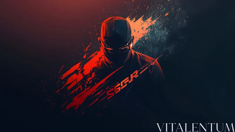 Masked figure rendered in dynamic red splatter strokes on dark field