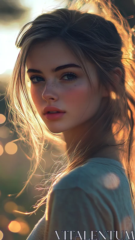 Sunlit portrait of young woman with soft bokeh glow.