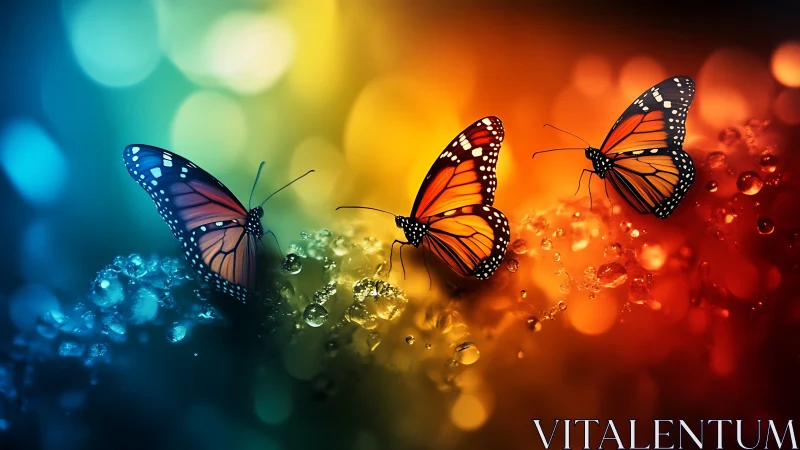 Three monarch butterflies over multicolor bokeh background.