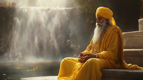 Elderly man in yellow robes meditates beside wide waterfall