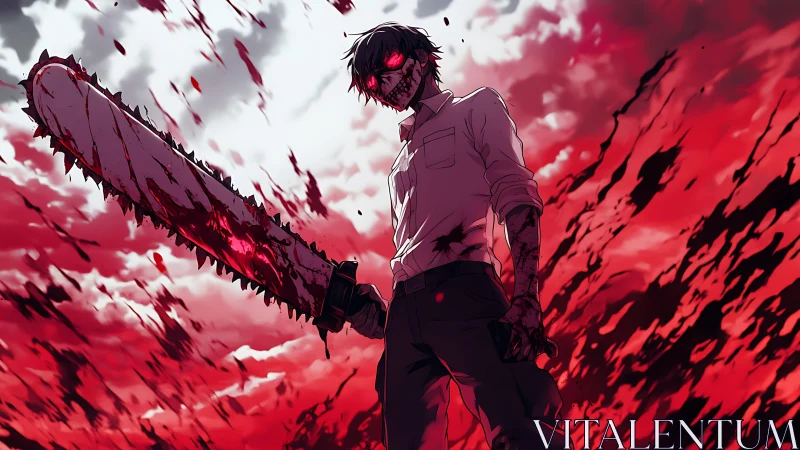 Blood-red storm crowns relentless chainsaw warrior.