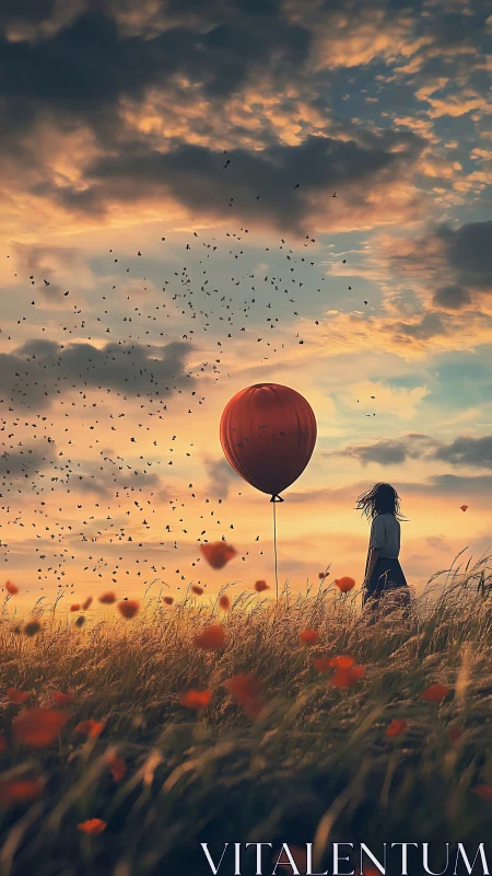 Figure with red balloon stands in field under clouded sky