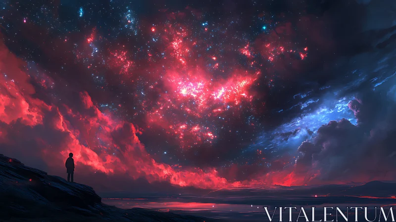 Solitary figure under erupting crimson cosmic storm.