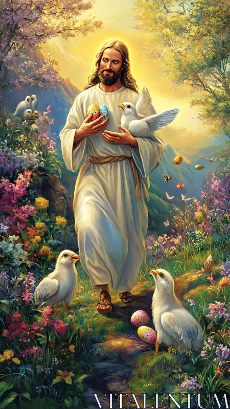 Christ in spring garden holding eggs and doves illustration.