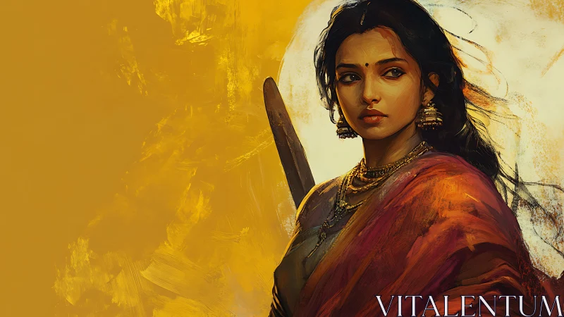 Regal Indian Warrior Woman in Traditional Attire, Digital Art Portrait.