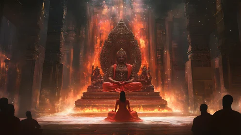 Fiery temple interior frames meditating deity with volumetric light