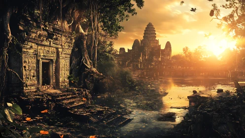 Ancient jungle temple ruins glow under golden sunset light.